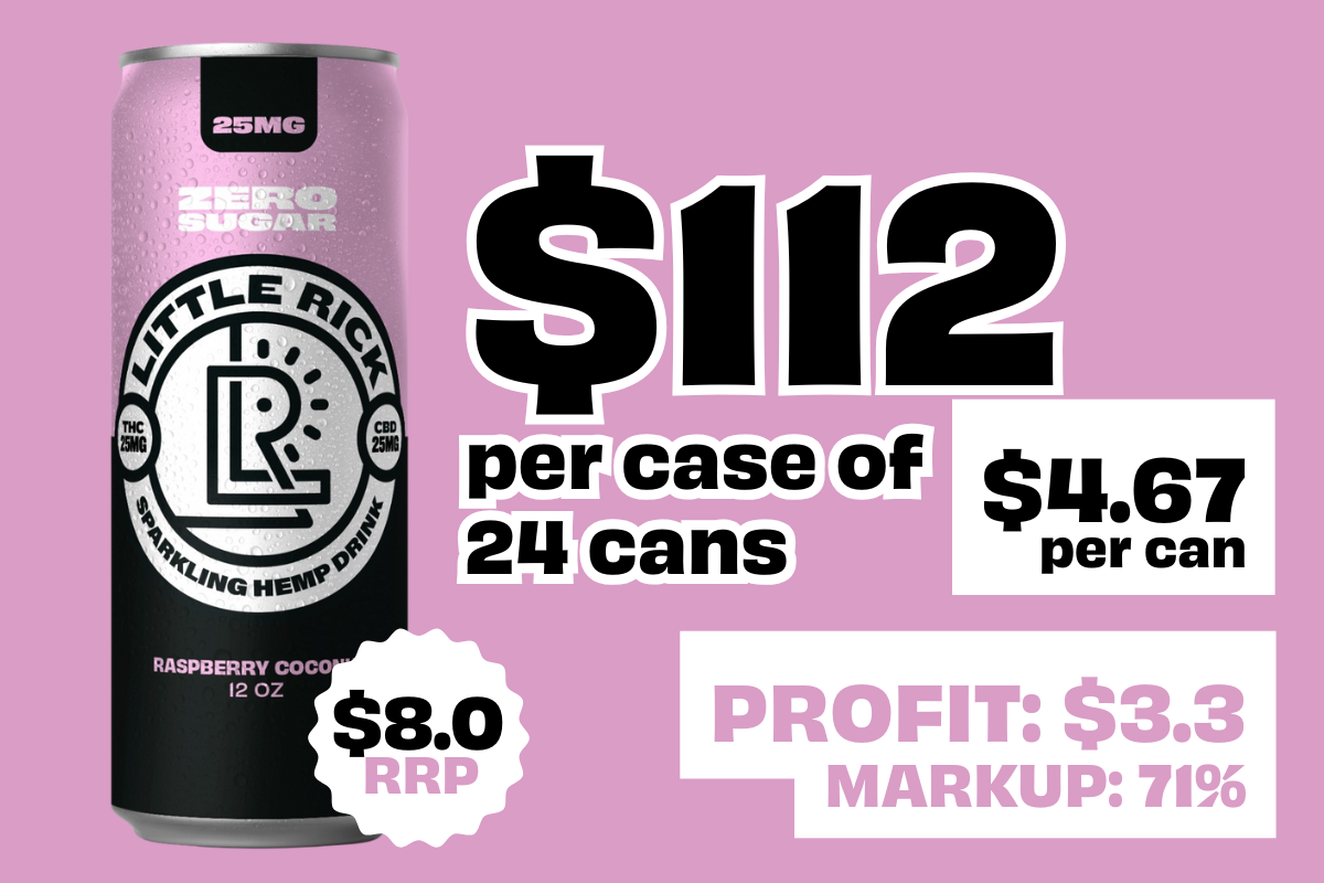 Raspberry Coconut | 24 Case | Wholesale, showcasing neatly arranged beverage cans, emphasizing bulk purchasing for retailers.