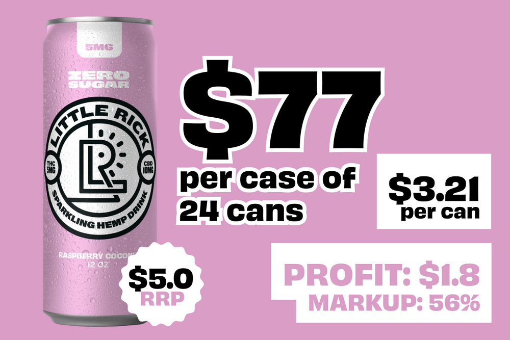 Raspberry Coconut 24 Case Wholesale, showcasing neatly arranged beverage cans in a compact case, ideal for bulk purchase and distribution.