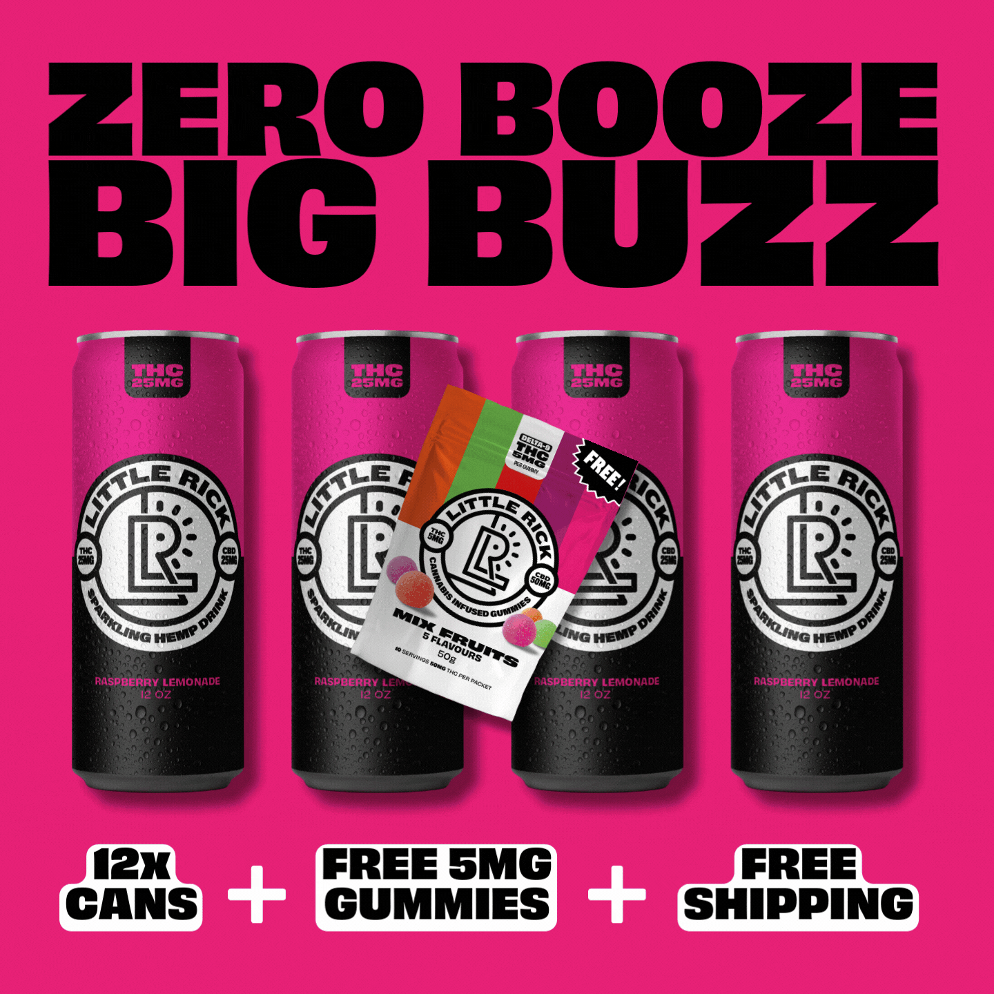 Little Ricks Lucky Dozen drinks, THC gummies & free shipping on a bold pink background.