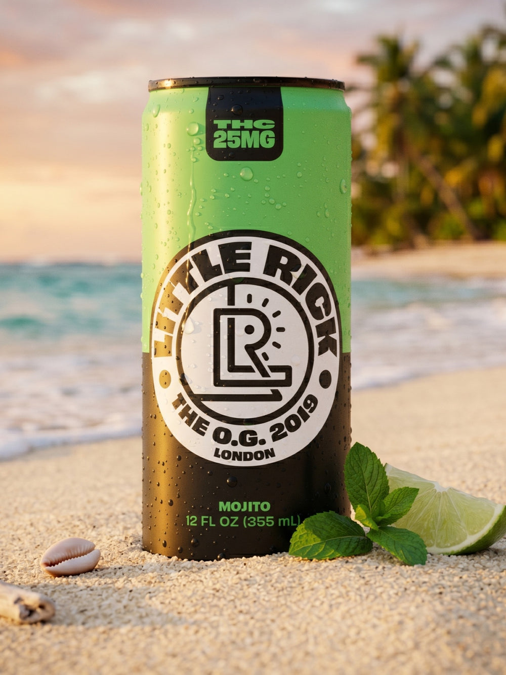 A green Little Rick drink can on sandy beach with blue sea and sky in the background.
