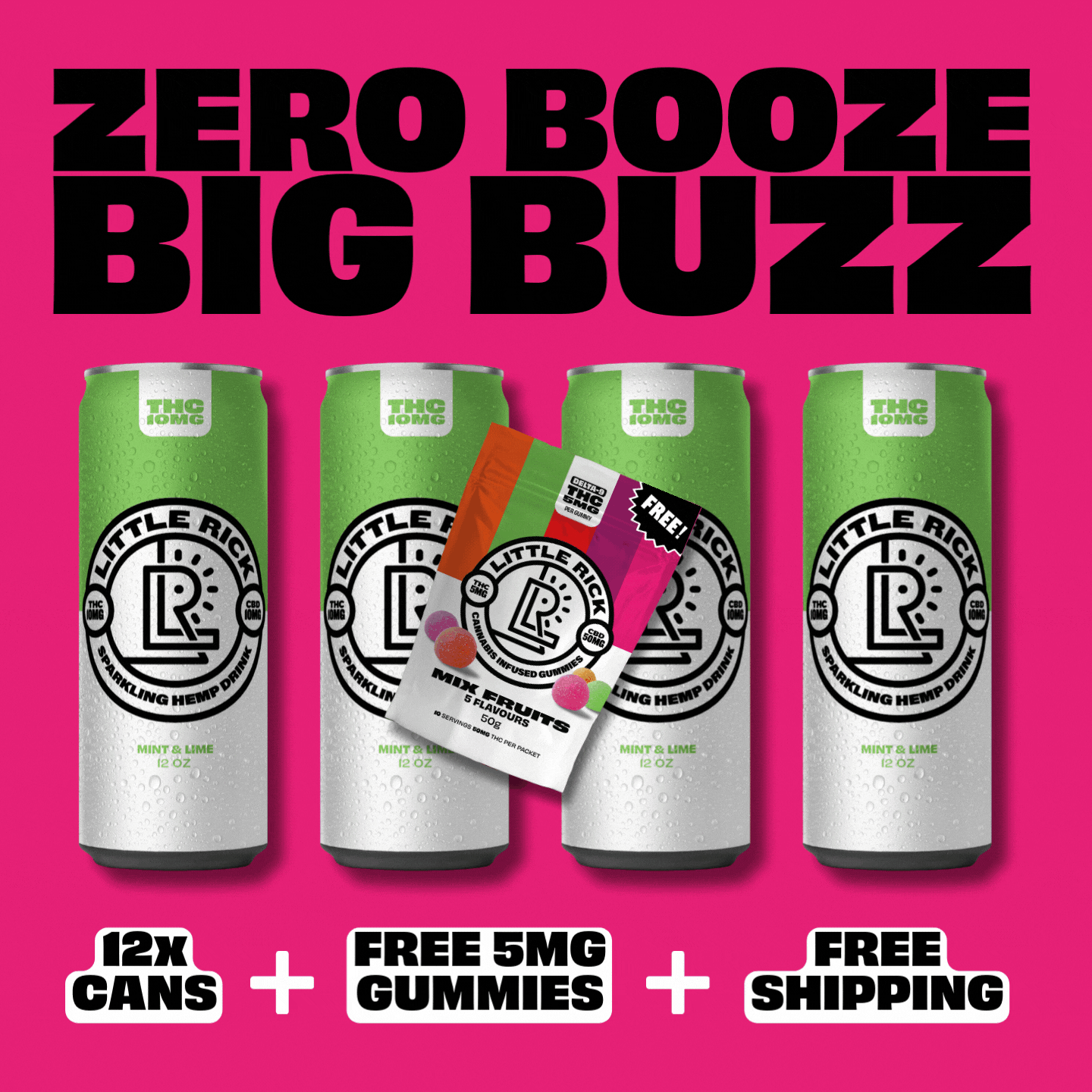 Little Ricks Lucky Dozen drinks with THC gummies & free shipping on a bold pink background.