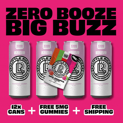 Four Little Ricks Lucky Dozen drinks, THC gummies, bold: Zero Booze, Big Buzz.