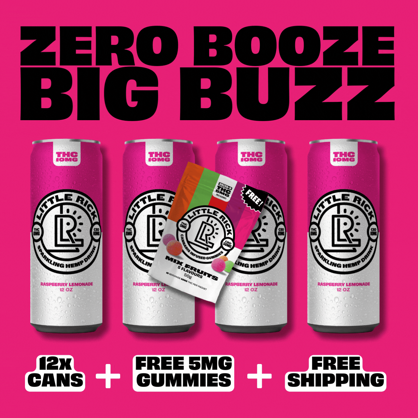 Little Ricks Lucky Dozen, free THC gummies & shipping on a bold pink background.