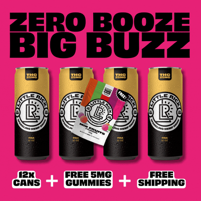 Little Ricks Lucky Dozen, free THC gummies & shipping on a bright pink background.