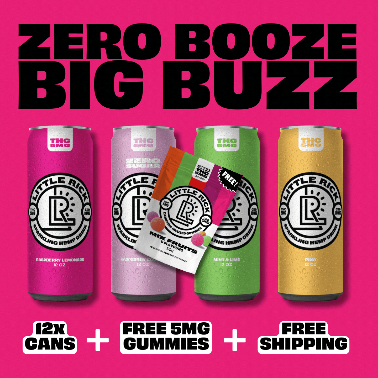 Little Ricks Lucky Dozen drinks and THC gummies with free shipping on a bold pink background.