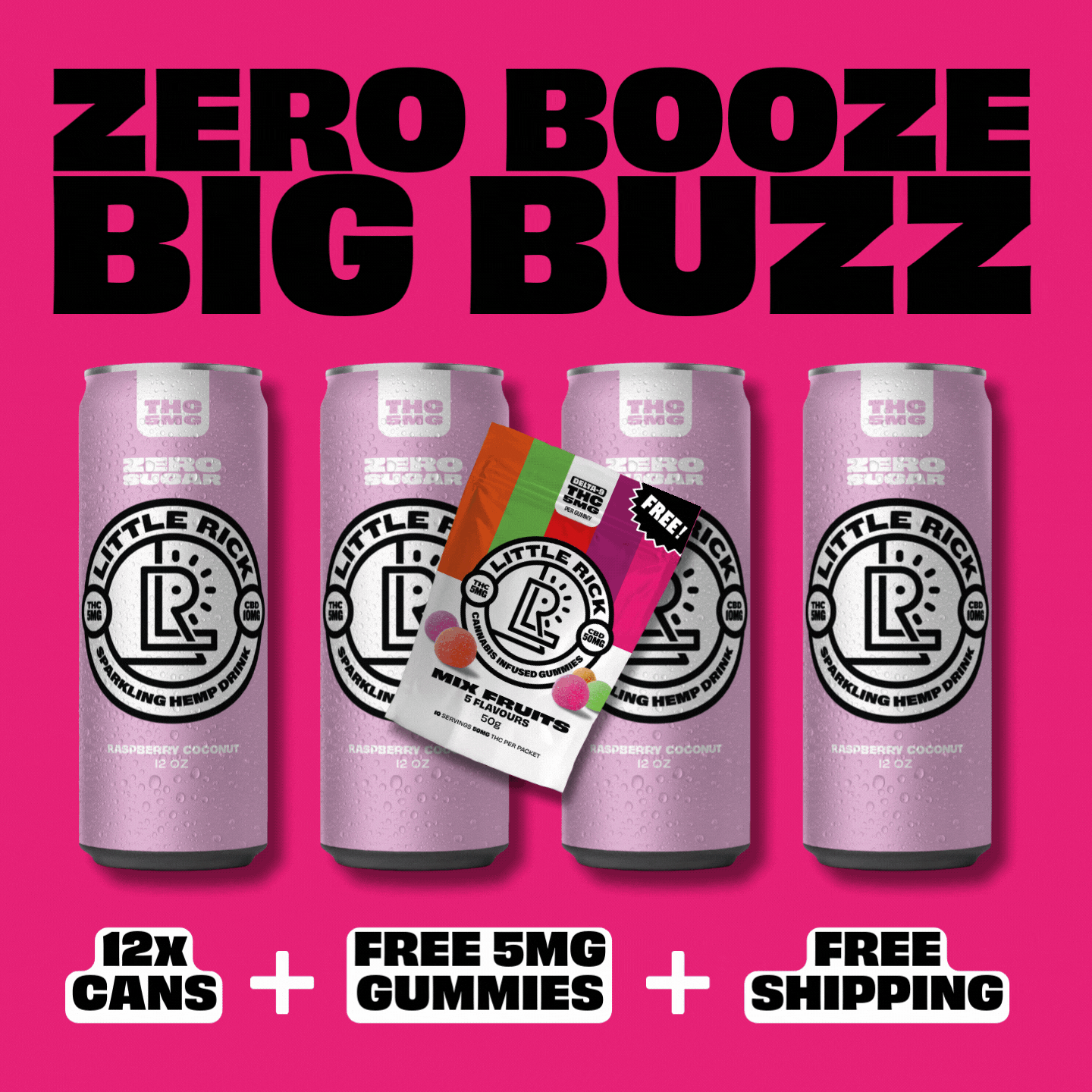 Little Rick’s Lucky Dozen, THC gummies, and bold text offering free shipping.