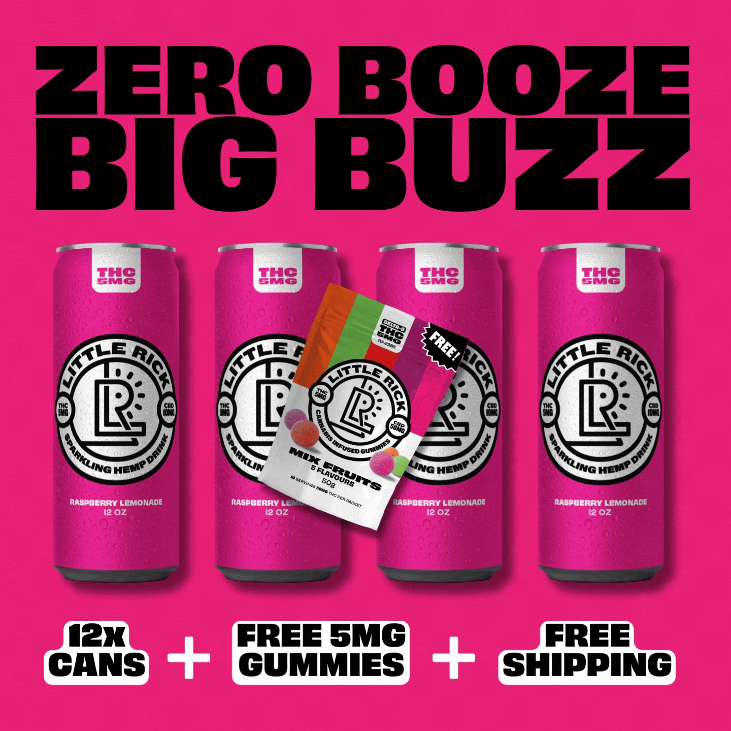 Little Ricks Lucky Dozen and THC gummies pack on a bold pink background with promo text.