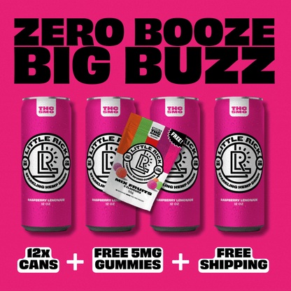 Little Ricks Lucky Dozen and THC gummies pack on a bold pink background with promo text.