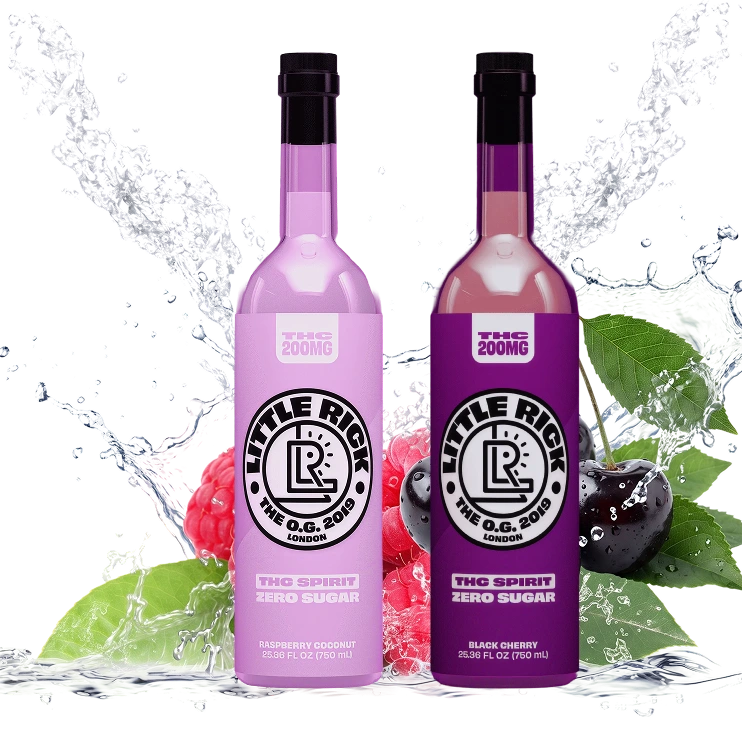 Two bottles of Little Rich THC Spirit Zero Sugar syrup, one raspberry coconut flavor in light purple and one blackberry cherry flavor.
