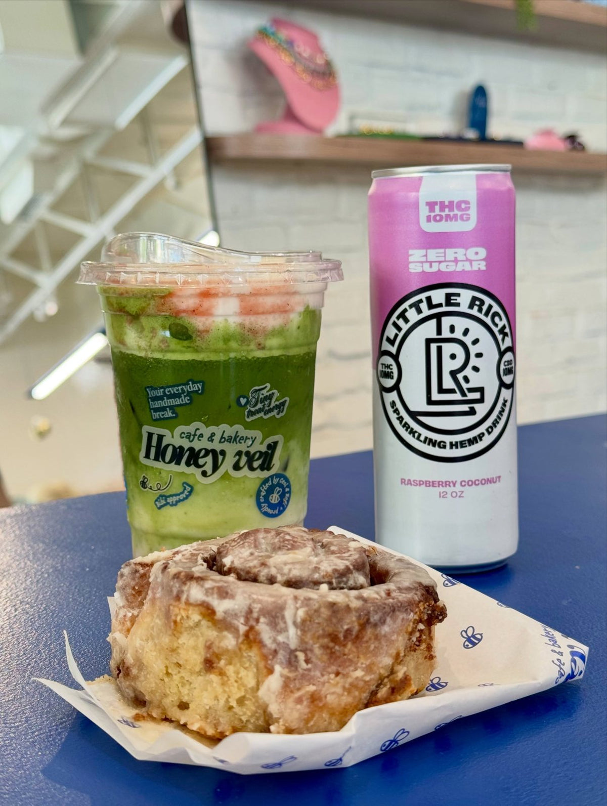 Little Rick Raspberry Coconut with matcha and a cinnamon roll at Honey Veil, Miami