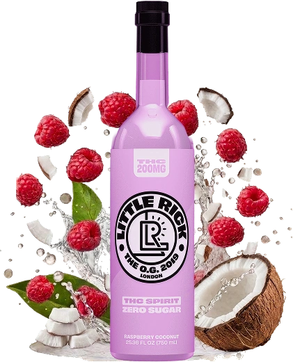 A bottle of Little Rick THC Spirit Zero Sugar raspberry coconut.