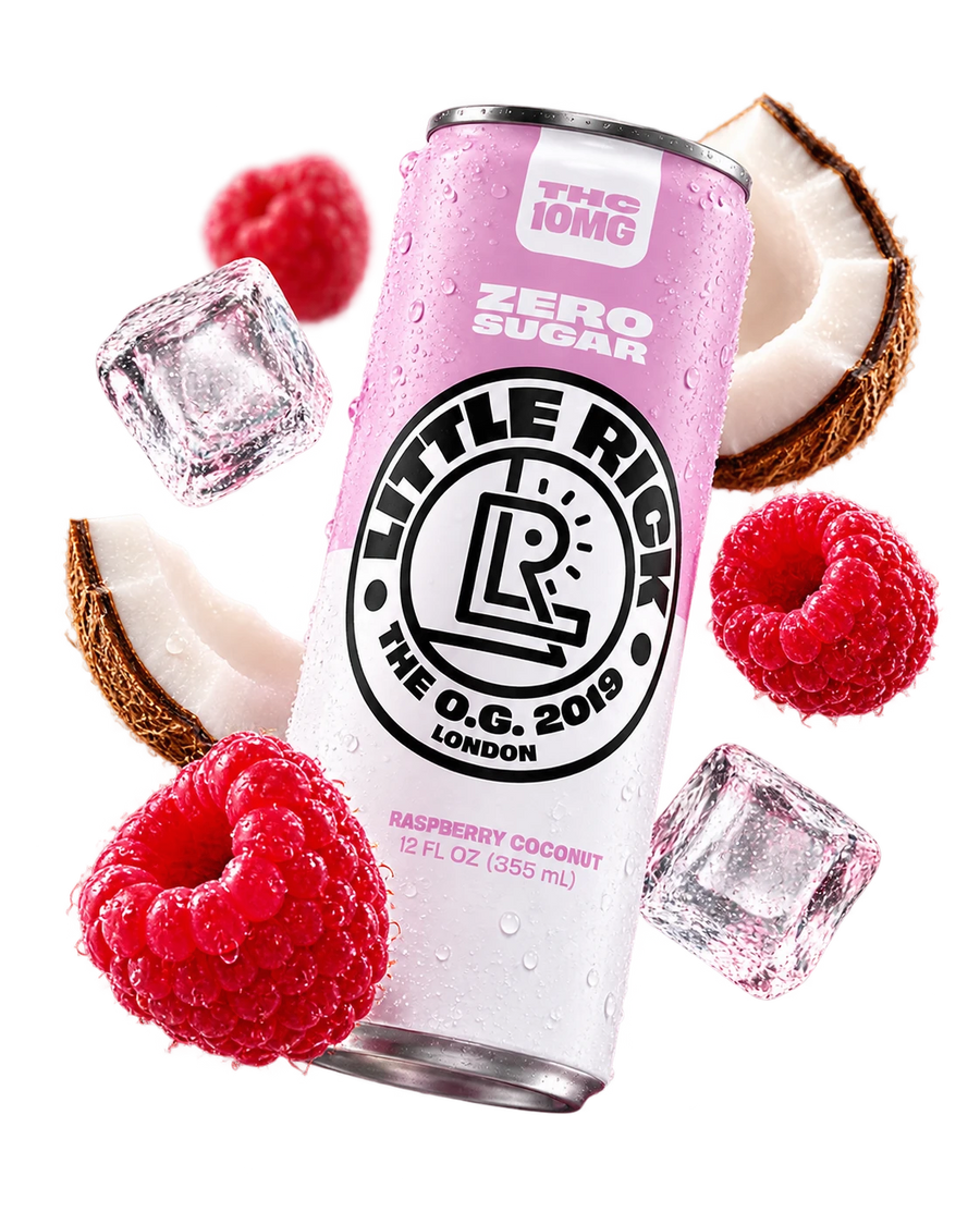 Little Rick Raspberry Coconut 10mg THC can with raspberries, coconut and ice