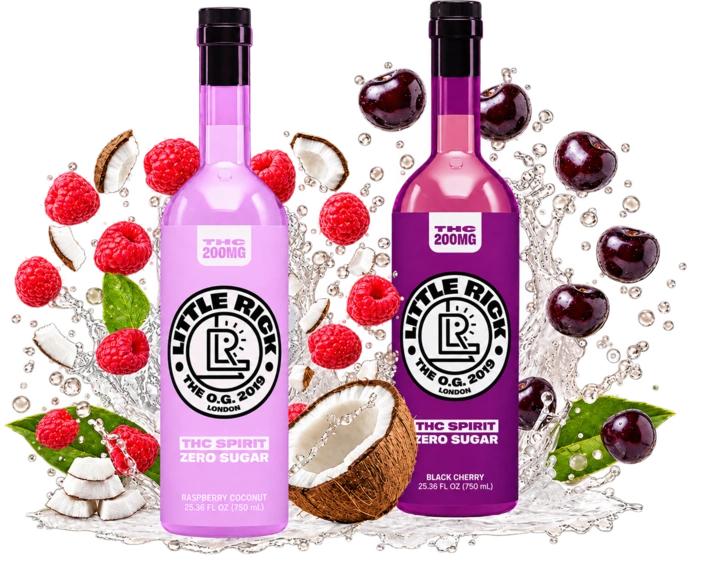 Two bottles of Little Rick THC Spirit Zero Sugar syrup, one raspberry coconut flavor in light purple and one black cherry flavor.
